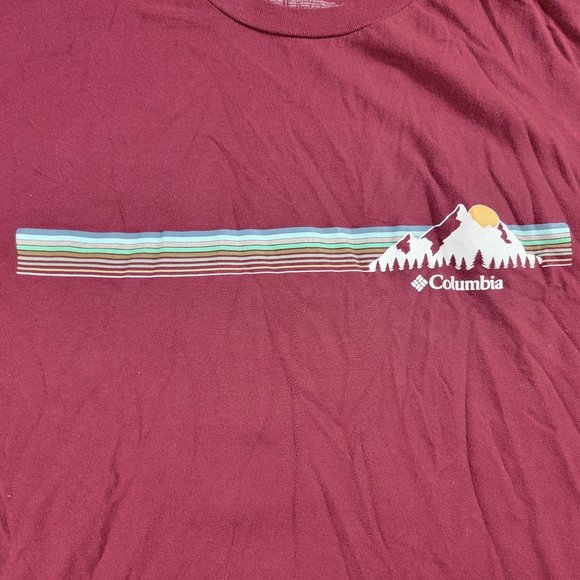 Columbia Mens XL Dark Red Logo Graphic Tshirt Sunset Mountain Short Sleeve - Picture 3 of 9
